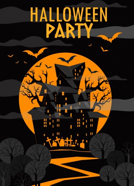 festa di halloween banner giallo moonlight spaventoso castello icone
