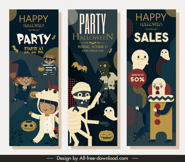 Fiesta de Halloween banners diseño vertical de personajes clásicos del terror