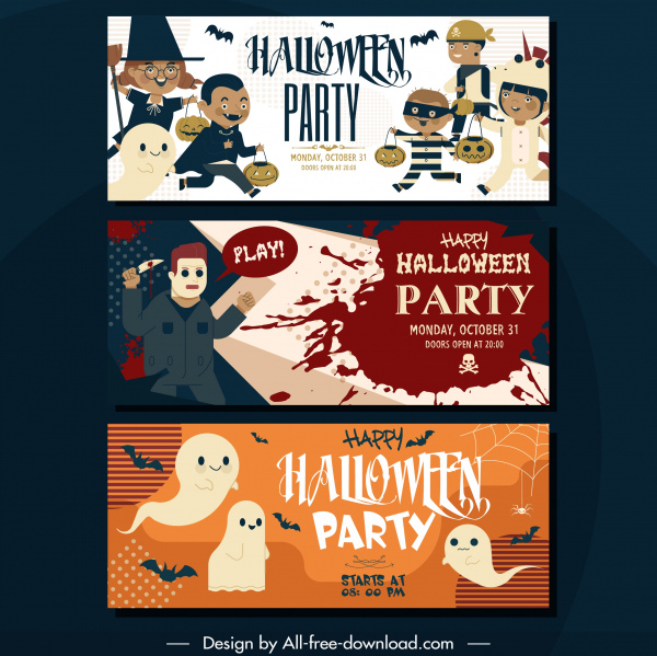Fiesta de Halloween banners diseño horizontal de terror divertidos personajes