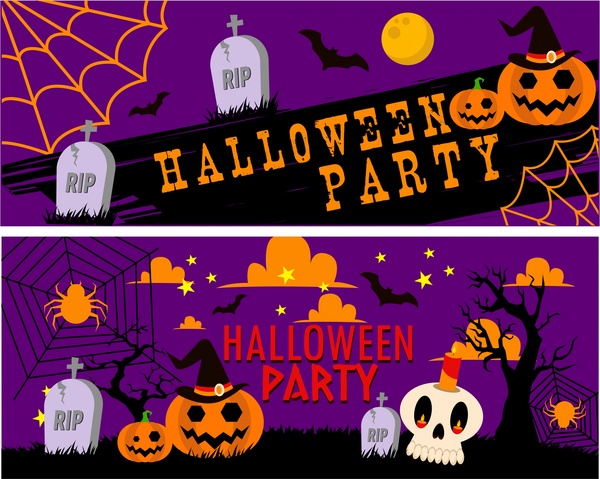 Halloween-Party Banner Symbolelemente auf violettem Hintergrund