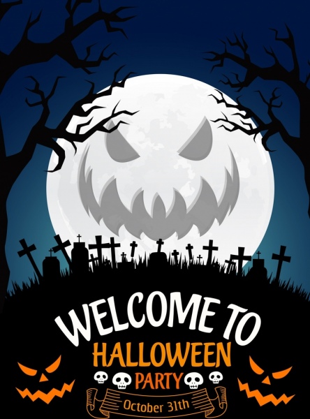 Halloween festa cartaz lua assustador ícone túmulos silhueta