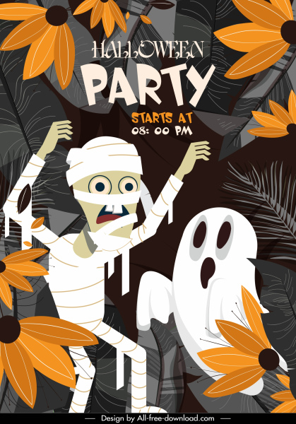 cadılar bayramı parti poster şablonu hayalet zombi karakterler eskiz