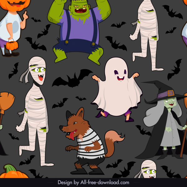 Halloween Muster dunkel bunte Zeichentrickfiguren Skizze