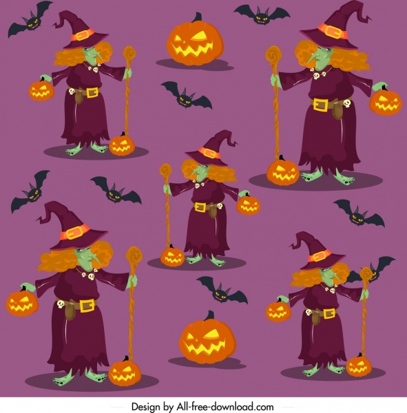 Halloween-Muster alte Hexen Kürbisse Ikonen wiederholendes Design