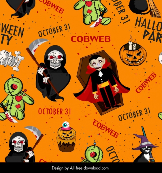 plantilla de patrón de Halloween decoración de personajes de terror de repetición