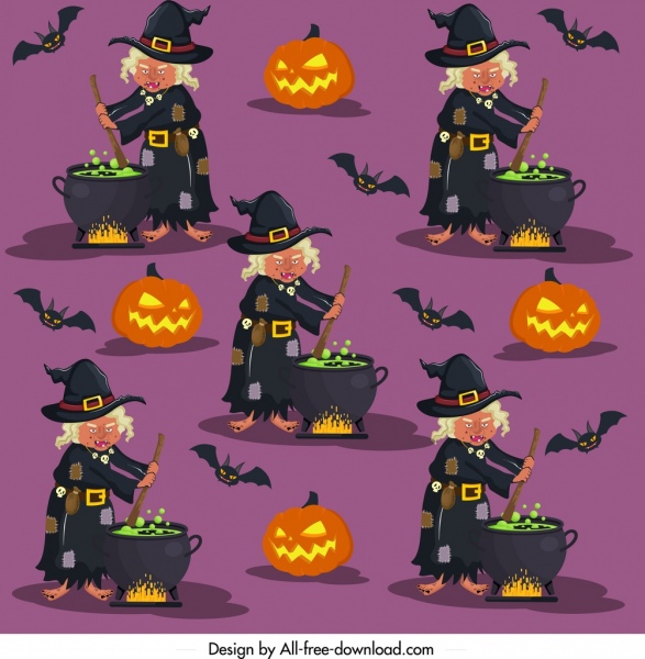 Halloween padrão bruxa abóbora morcego ícones repetindo design