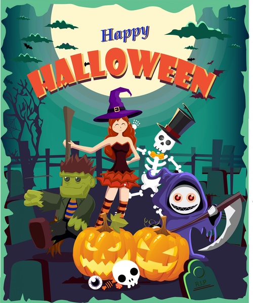 Diseño de cartel lindo Halloween bruja y Emblemas