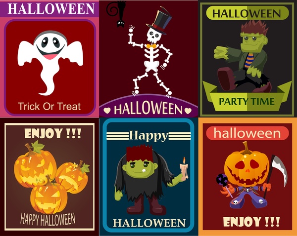 elementos de design de cartaz de Halloween com ilustração de personagens fofinhos