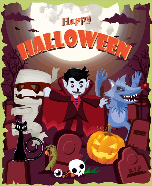 halloween poster design con devil e zombie