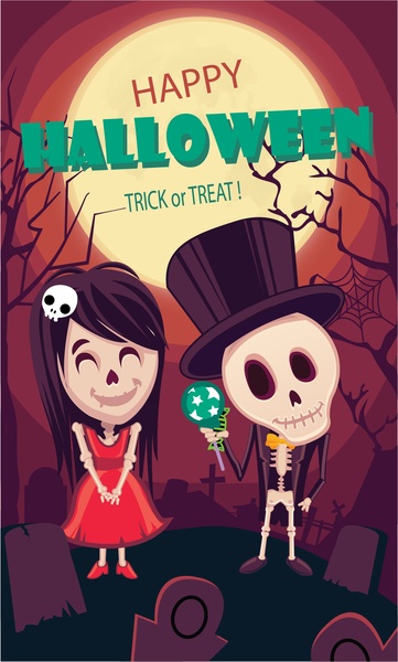 halloween poster design, con scheletro coppie nel cimitero