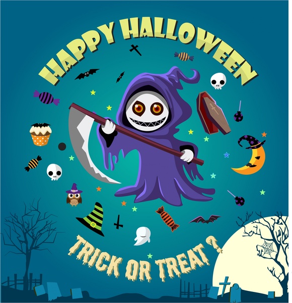 Desain Halloween poster dengan penyihir dan horor ikon
