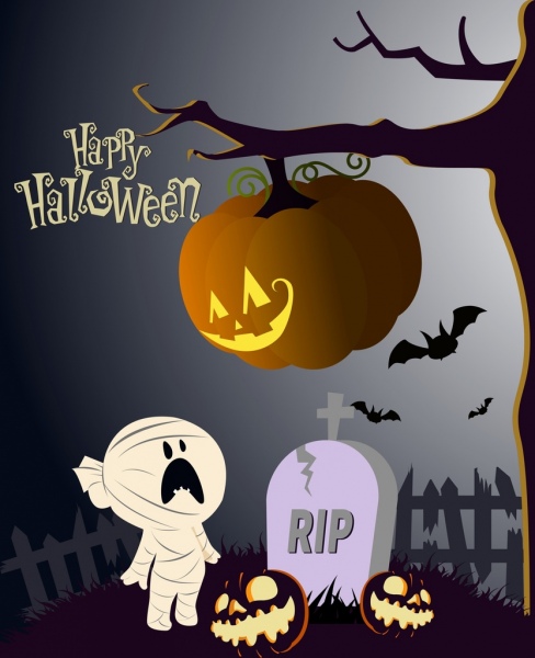 Halloween poster labu pohon hantu ikon hiasan