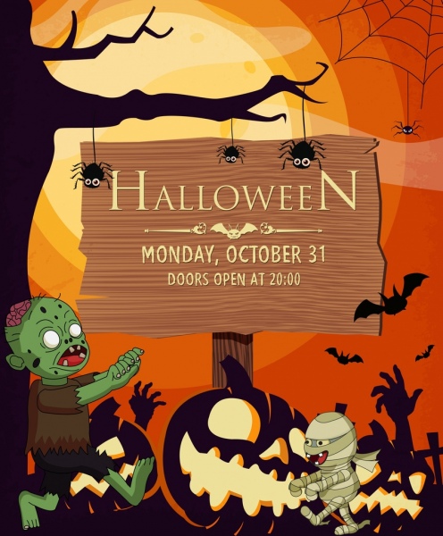 страшно Хеллоуин плакат символов Деревянная вывеска орнамент