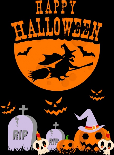 Хэллоуин плакат черепа гробницы тыквенный лунном свете мастера значки