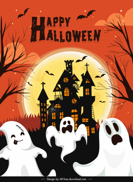 Halloween Poster Vorlage lustige Geister Schloss Mondlicht Skizze