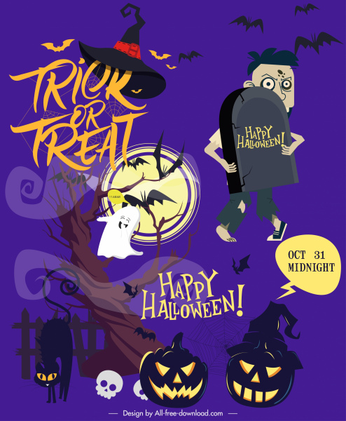 Halloween poster template simbol mengerikan dekorasi karakter kartun