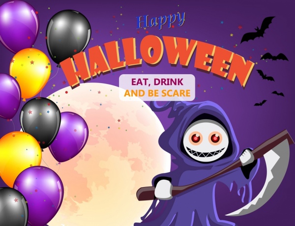 Halloween-Plakat violetten Himmel Tod Ballon Mondlicht Symbole