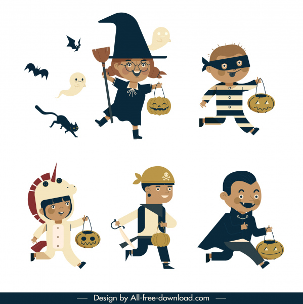 iconos de personajes de Halloween alegres disfrazados dibujo niños