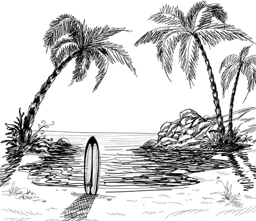 mano disegnato spiaggia nero con bianco di vettore