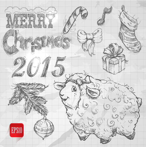 elementos de ano mão desenhada christmas15 ovelhas vector
