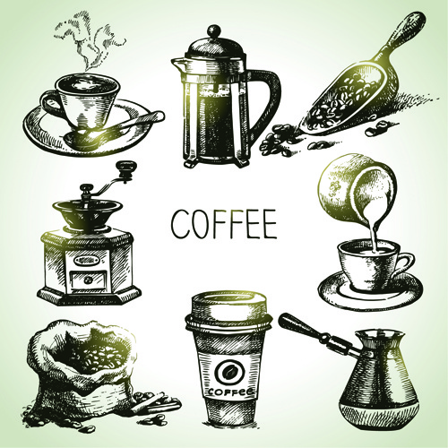 elementos de café dibujado a mano iconos de vector