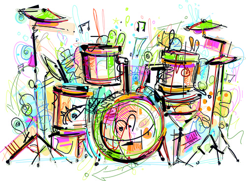 Hand Drawn Colored Musical Instruments Vector