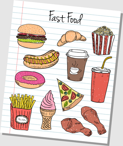 mão de elementos desenhados fast-food