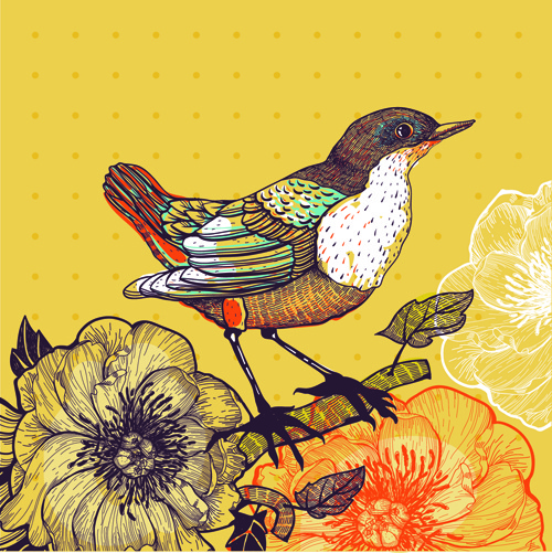 手描き鳥ベクトルと花の背景