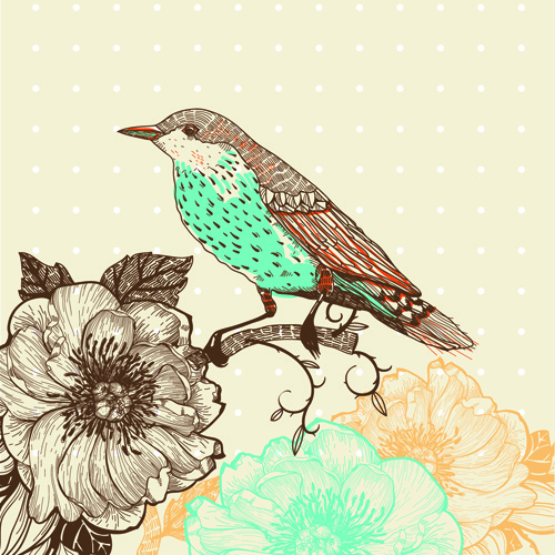手描き鳥ベクトルと花の背景