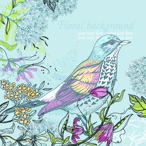 mão desenhada florais backgrounds com vetor de aves