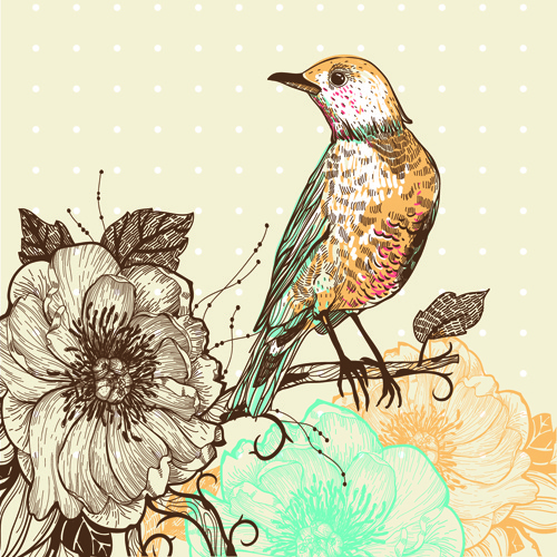 mano dibuja flores fondos con vectores de aves