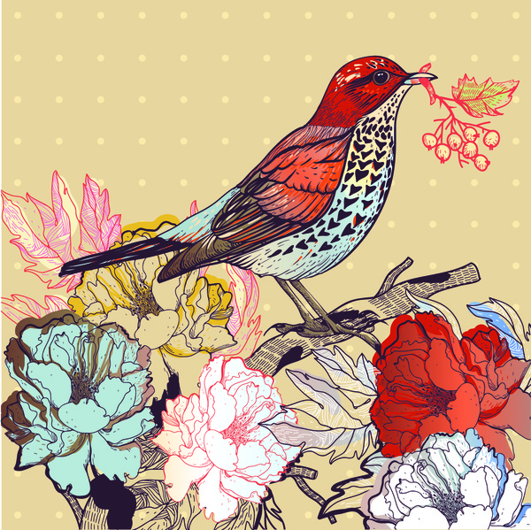 mão desenhada florais backgrounds com vetor de aves
