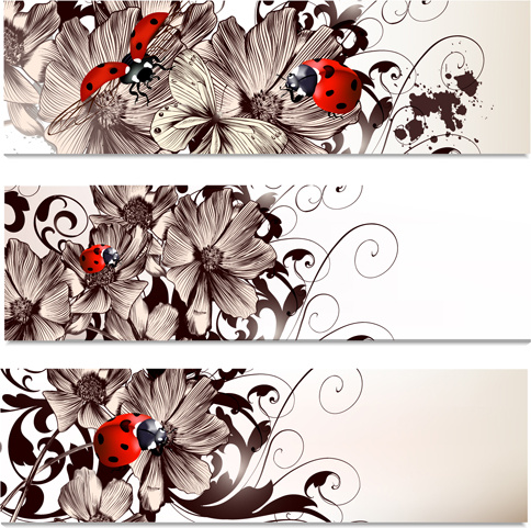 рука нарисованные цветы и coccinella векторных баннеров