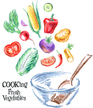 手で新鮮な野菜の色ベクトルを描画