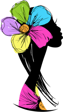 มือวาดหญิงกับเวกเตอร์ดอกไม้
