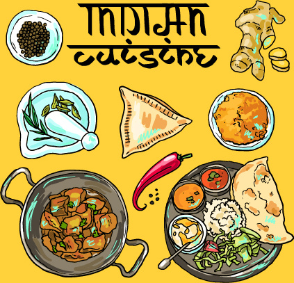 手描きインド料理要素ベクトル