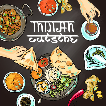 มือวาดเวกเตอร์องค์ประกอบของอาหารอินเดีย