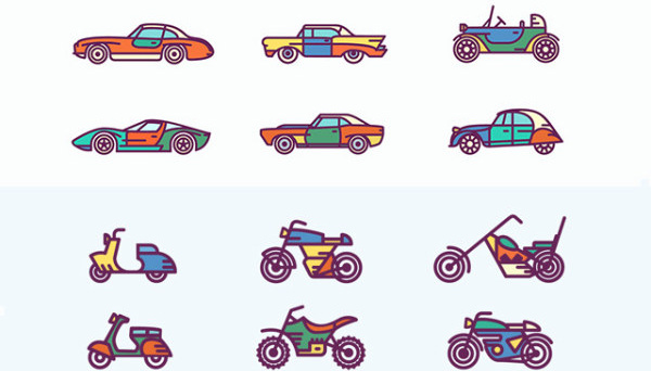 ไอคอนรถจักรยานยนต์และรถยนต์วาดมือ