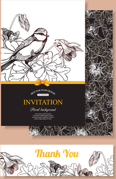 handgezeichnete retro Blume mit Vogel Hochzeit Einladungen Vektor