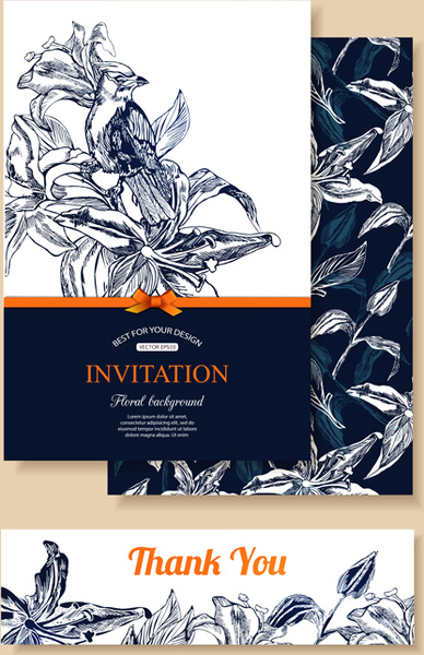 手描き鳥結婚式招待状のベクトルを持つレトロな花