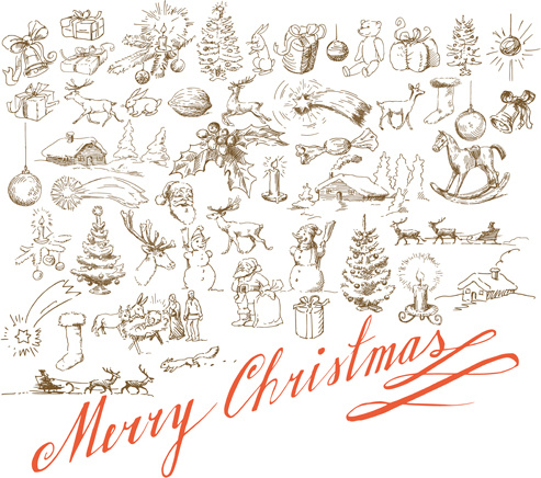 handgezeichnete Retro-Frohe Weihnachten Zubehör-Kunst Vektor