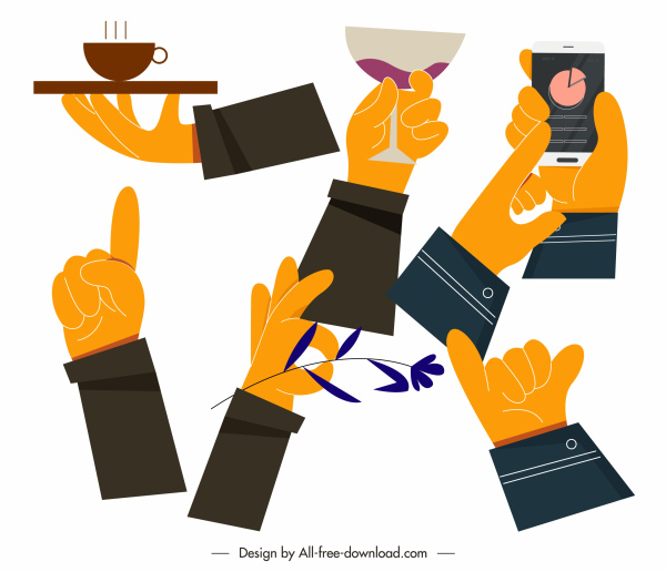 main gestturing icônes action croquis coloré handdrawn plat