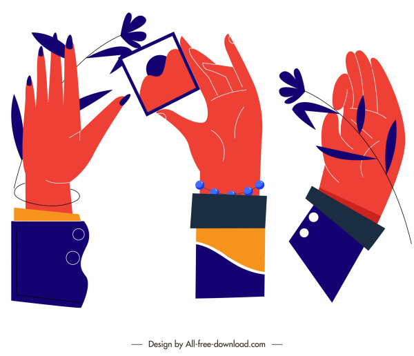 mão gesticulando ícones coloridos esboço plano