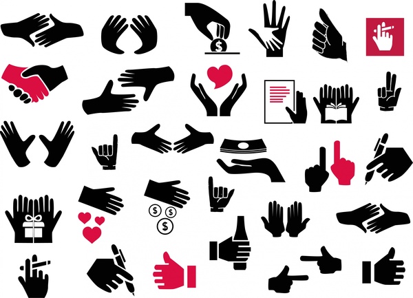 ícones de sinal de mão conjunto design no estilo de silhuetas