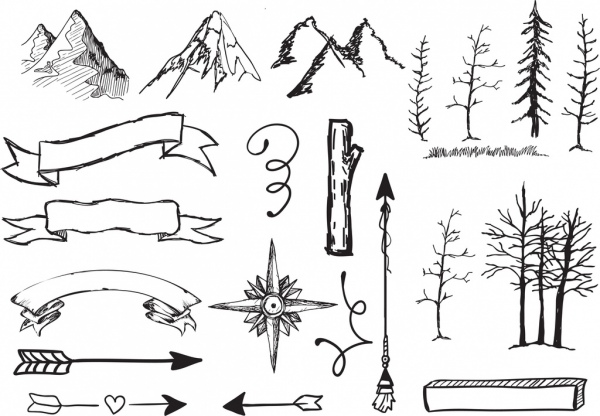 Bản phác thảo bằng tay mang tên núi cây biểu tượng