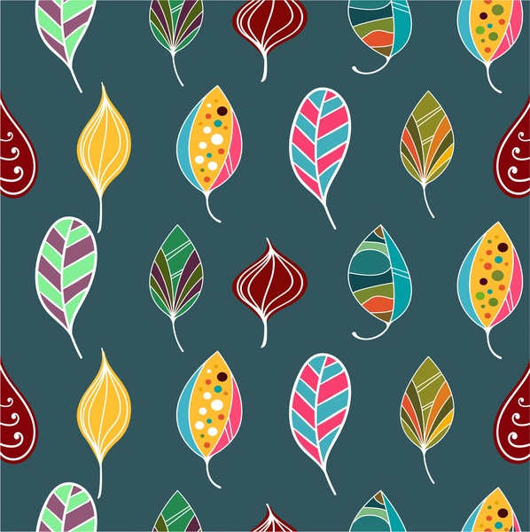 pola daun handdrawn dengan desain warna-warni flat