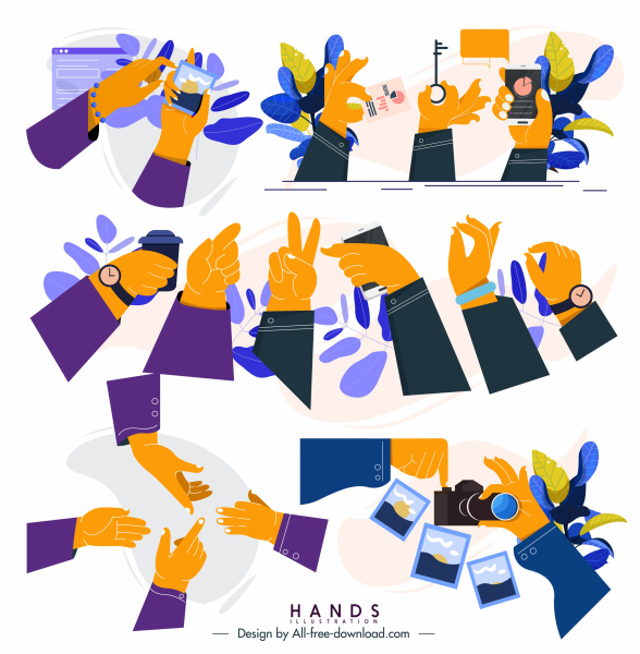 mãos gestos ícones coloridos design clássico
