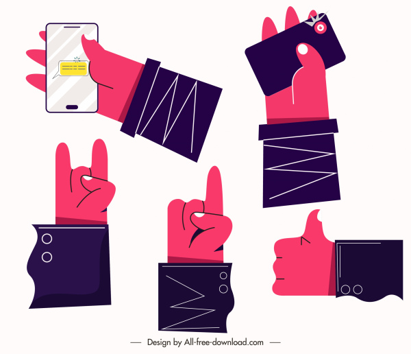 mãos gestos ícones colorido esboço plano