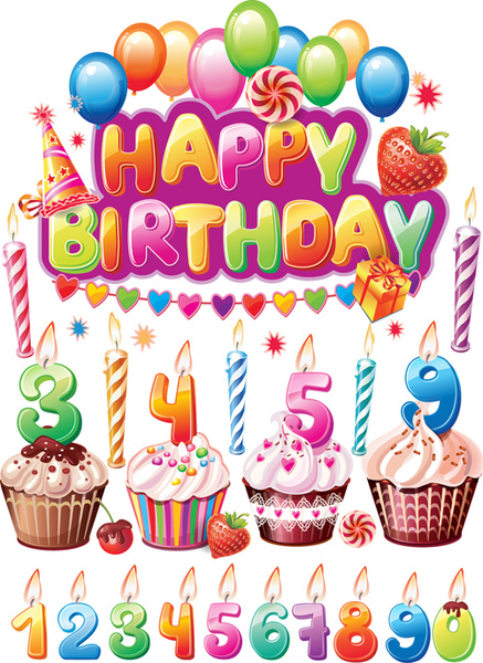 Selamat ulang tahun elemen menutupi balon dan kue vektor