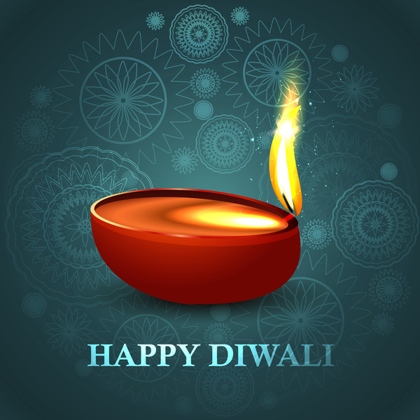 Happy diwali diya indah biru warna-warni hindu festival latar belakang vektor